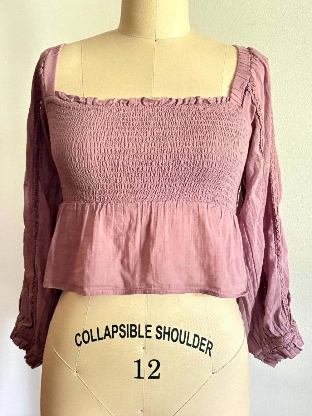 American Eagle Smocked Ruffle Crop Top Dusty Lavender Purple